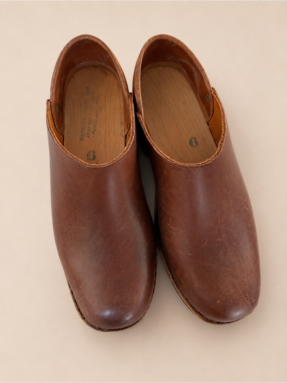 Vintage Multnomah Leather Shop Brown Leather Wood Clogs Size 9 Cat’s Paw